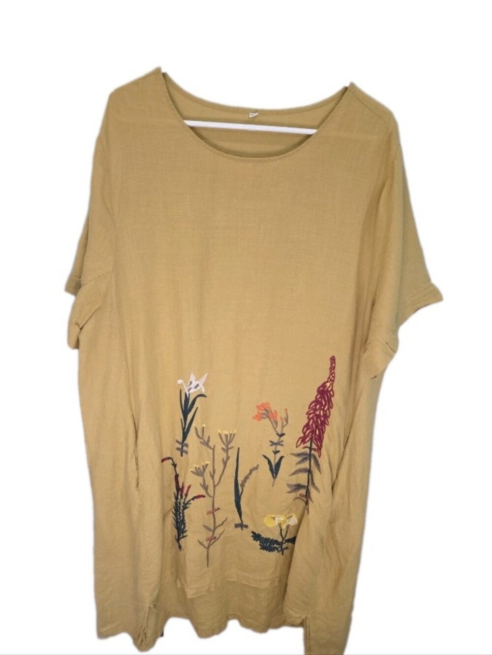 XXL Yellow Summer Midi Dress Embroidered Flowers Cotton Linen Pockets Lagenlook